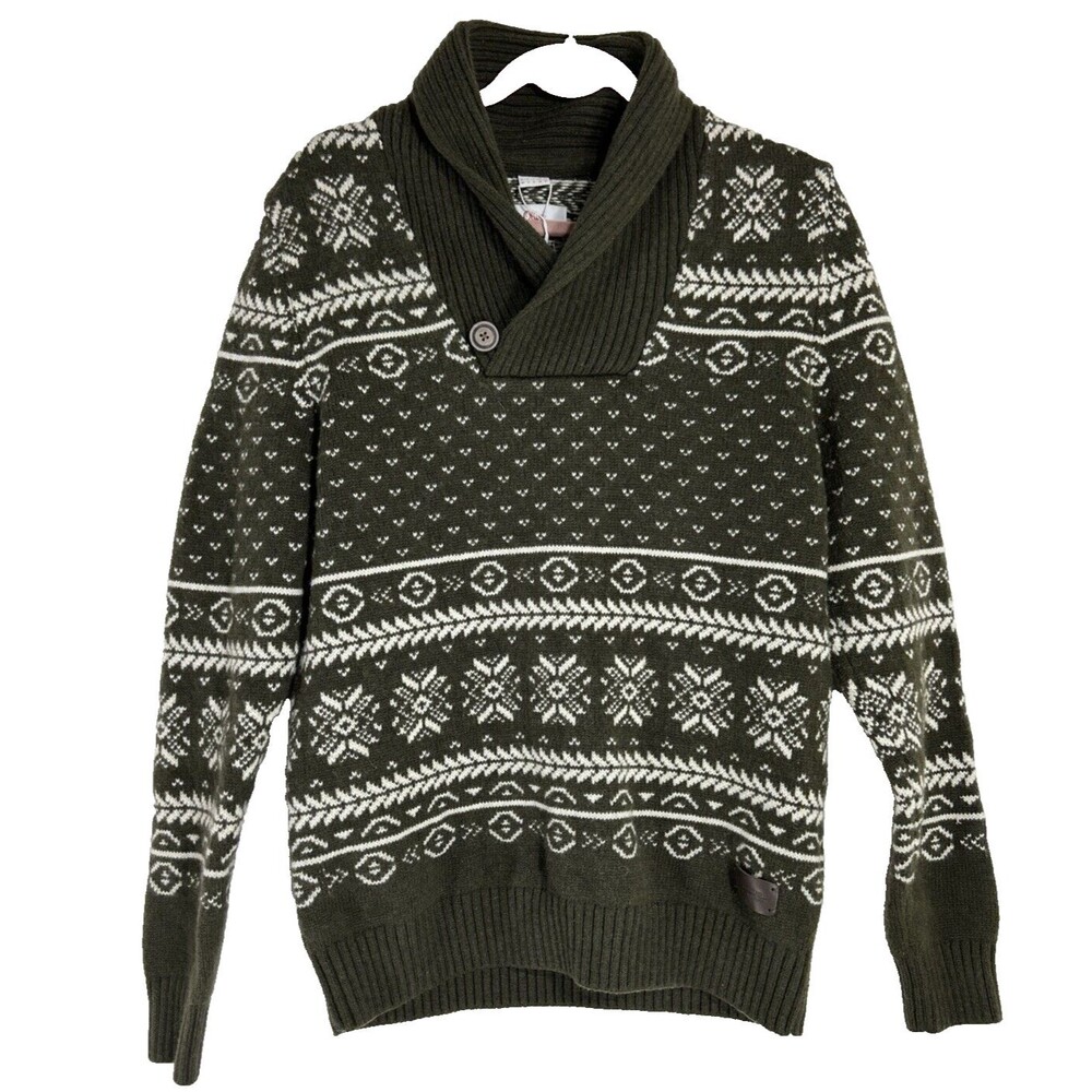S OLIVER Mens Sweater MED Olive Green White Fair Isle Knit Ribbed‎ Hem Collar
